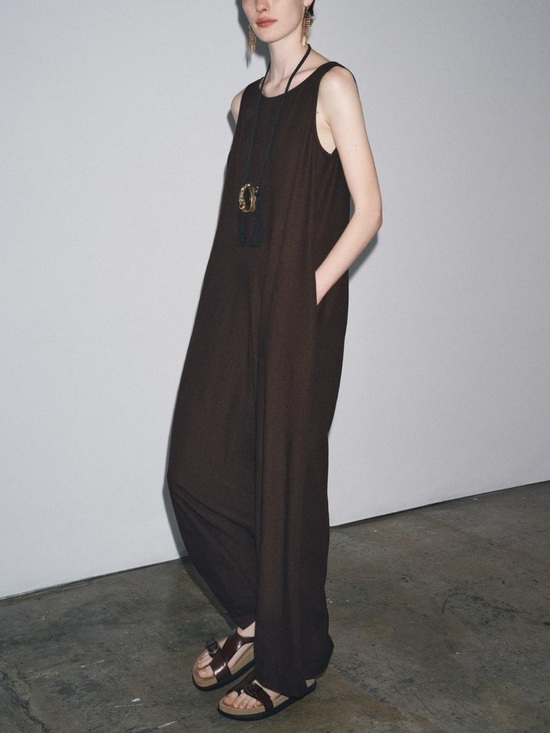 Zara Pants - Zara ZW Collection Sleeveless Linen Long Jumpsuit Brown NWT